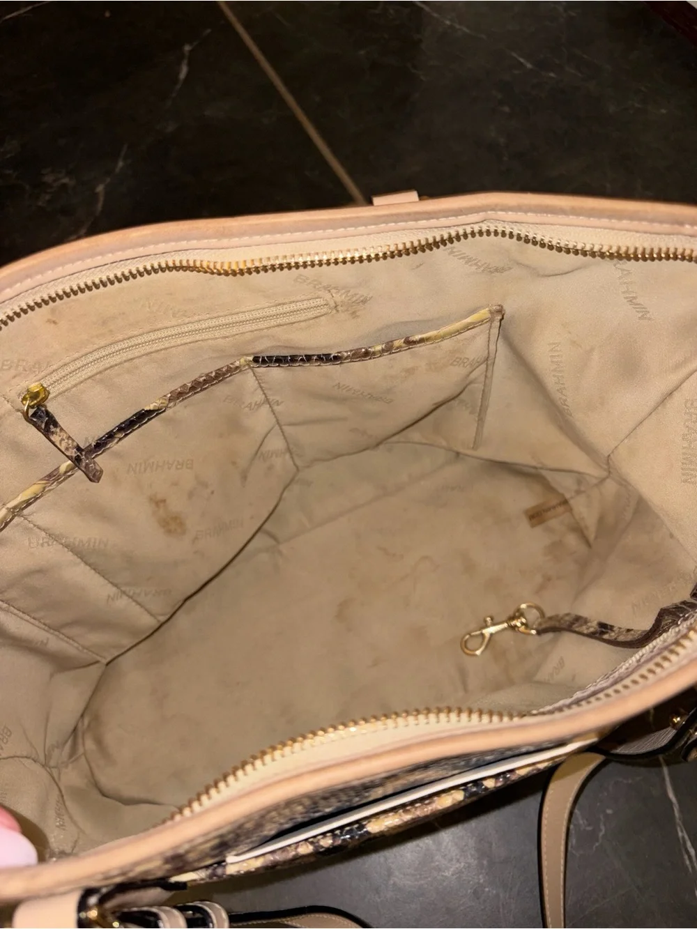 Brahmin Taupe Snake-Print Tote with Tassel